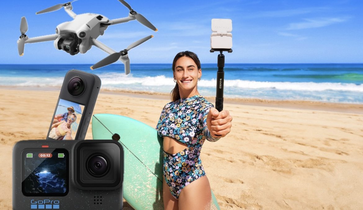 Surferin mit Insta360 Kamera sowie mehrere freigestellte Kameras und Drohnen