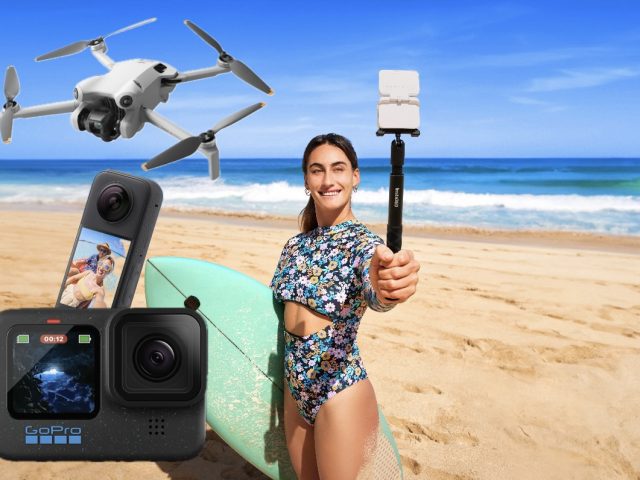 Surferin mit Insta360 Kamera sowie mehrere freigestellte Kameras und Drohnen