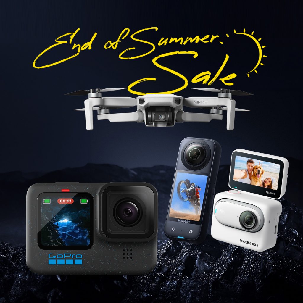 Actioncams und Kameras vor dunklem Hintergrund mit End of Summer Sale Schriftzug