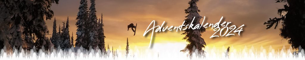 Adventskalender 2024 Banner mit Snowboarder in Winterlandschaft