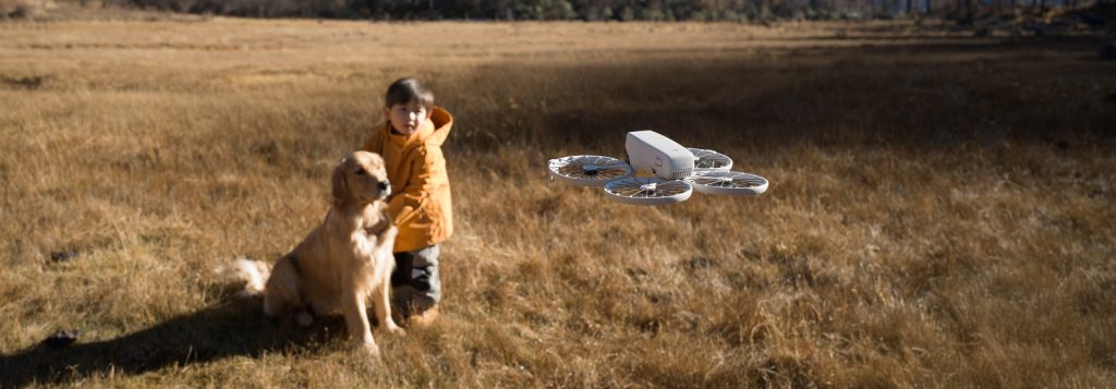 DJI Flip Drohne filmt Kind und Hund auf Wiese